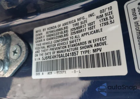 2010 Honda Cr-V Ex-L из США, поврежденный, VIN 5J6RE4H76AL041857